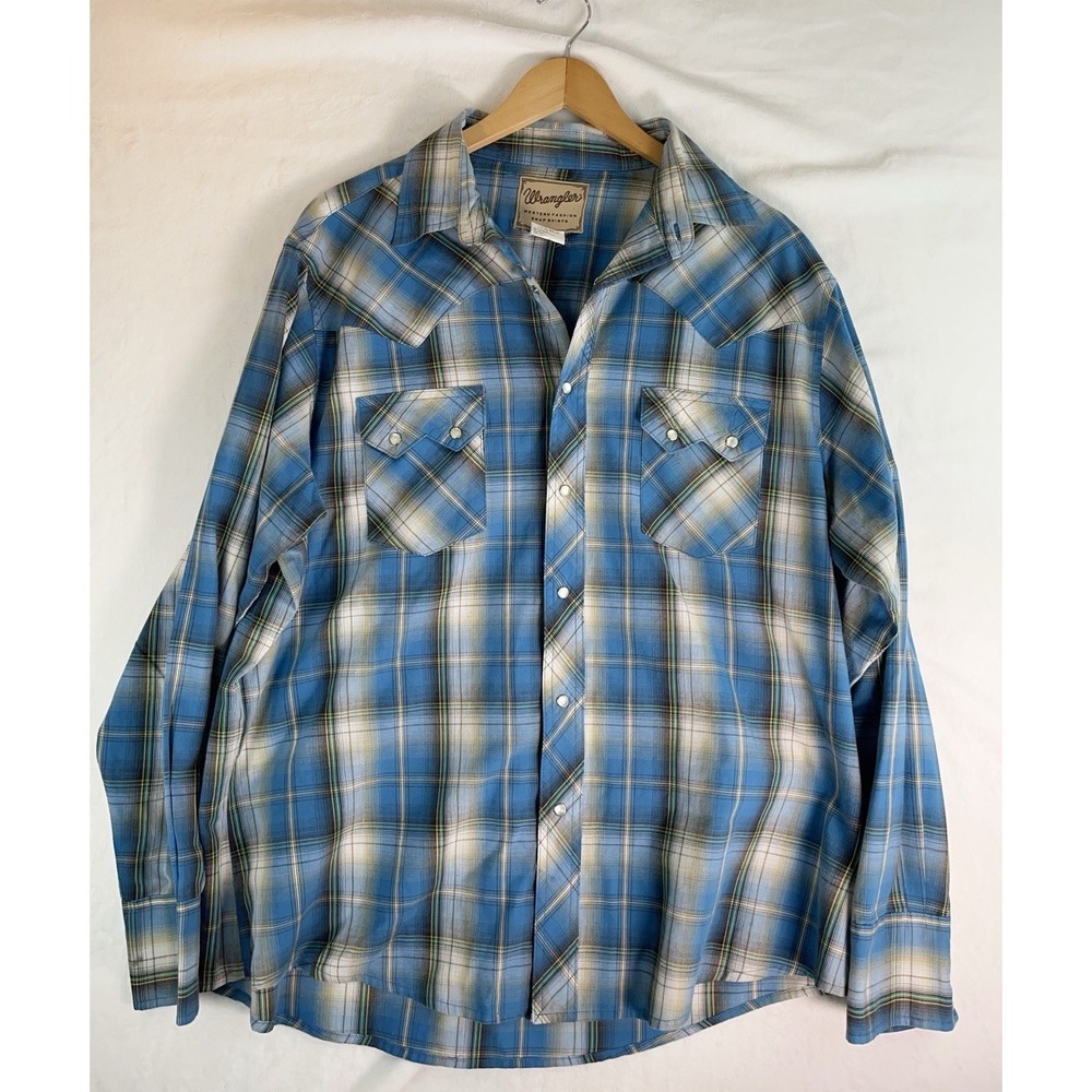WRANGLER Western Shirt Pearl Snap Buttons‎ Mens L Blue Grey Black White Plaid LS